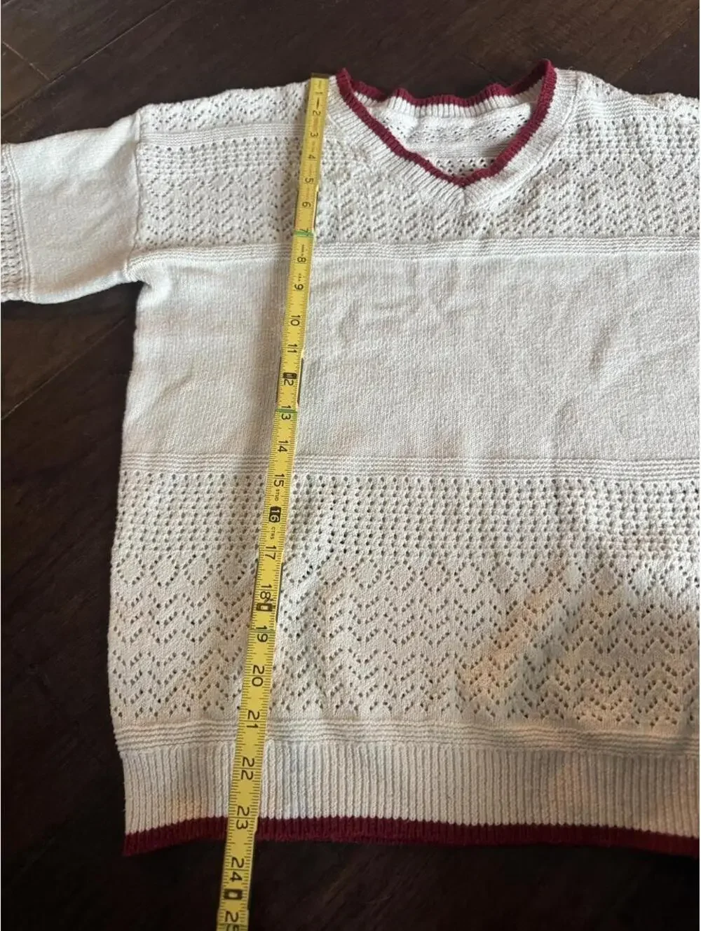 Vintage ivory pointelle knit sweater with burgundy trim